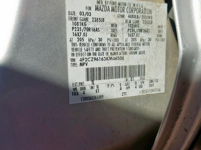 4F2CZ96163KM46508 - 2003 MAZDA TRIBUTE ES 银色 照片 10