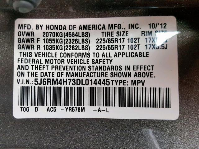 5J6RM4H73DL014445 - 2013 HONDA CR-V EXL BROWN photo 10