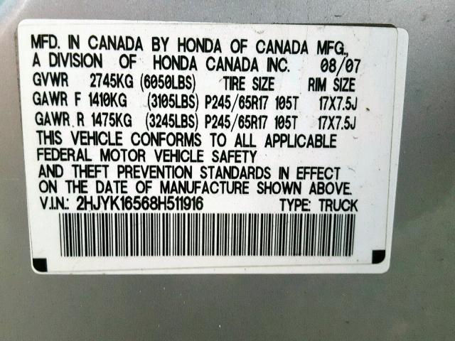 2HJYK16568H511916 - 2008 HONDA RIDGELINE SILVER photo 10