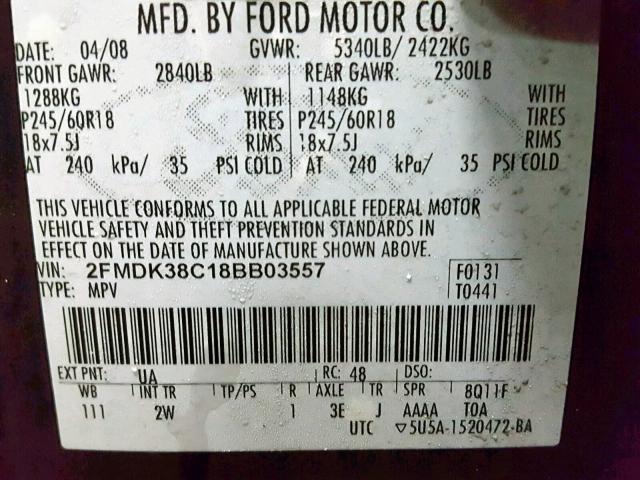 2FMDK38C18BB03557 - 2008 FORD EDGE SEL BLACK photo 10