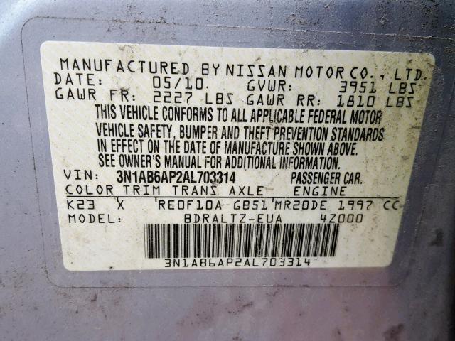 3N1AB6AP2AL703314 - 2010 NISSAN SENTRA 2.0 SILVER photo 10