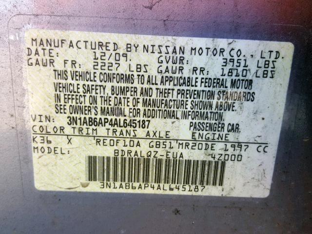 3N1AB6AP4AL645187 - 2010 NISSAN SENTRA 2.0 GRAY photo 10