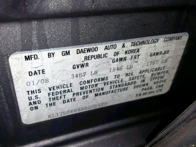 KL1TD56688B200979 - 2008 CHEVROLET AVEO BASE Сұр фото 10