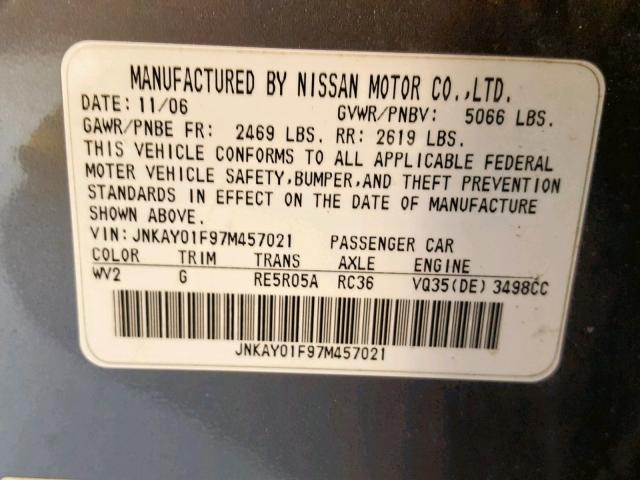 JNKAY01F97M457021 - 2007 INFINITI M35 BASE GRAY photo 10