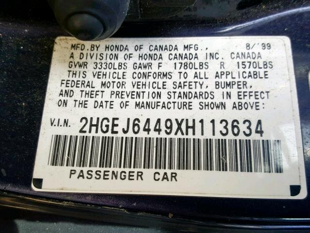 2HGEJ6449XH113634 - 1999 HONDA CIVIC DX PURPLE photo 10