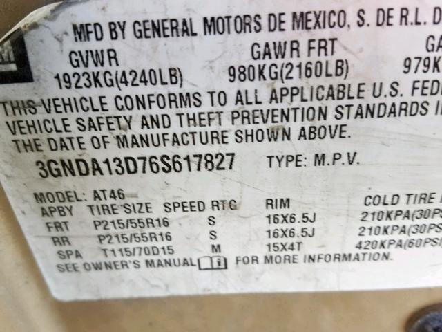 3GNDA13D76S617827 - 2006 CHEVROLET HHR LS Dorado foto 10