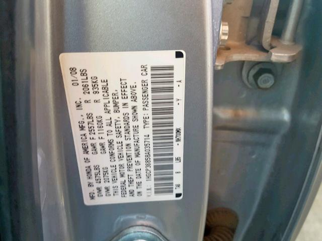 1HGCP36858A035714 - 2008 HONDA ACCORD EXL SILVER photo 10