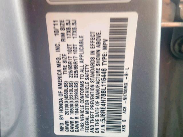 5J6RE4H78BL116446 - 2011 HONDA CR-V EXL SILVER photo 10