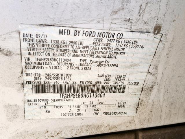 1FAHP2L80HG113404 - 2017 FORD TAURUS POL WHITE photo 10