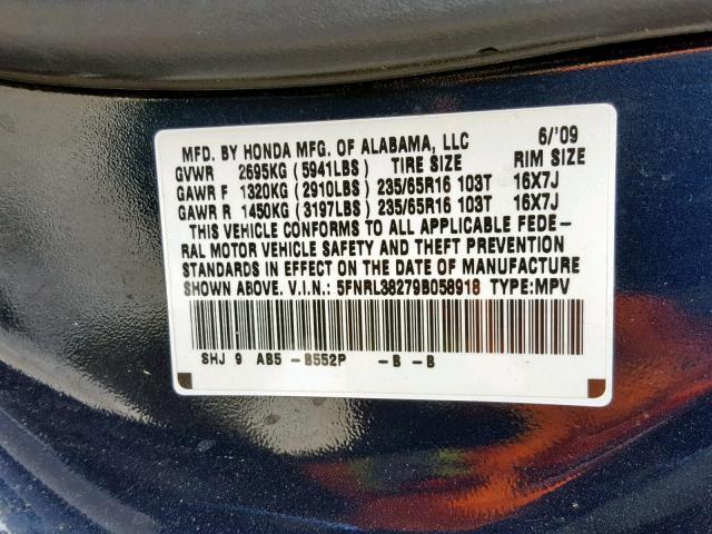 5FNRL38279B058918 - 2009 HONDA ODYSSEY LX BLUE photo 10