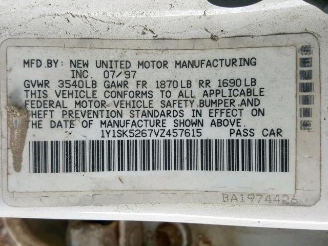 1Y1SK5267VZ457615 - 1997 GEO PRIZM BASE 白色 照片 10