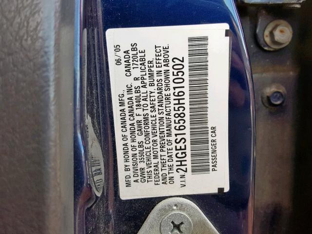 2HGES16585H610502 - 2005 HONDA CIVIC LX BLUE photo 10