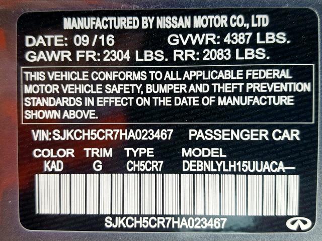 SJKCH5CR7HA023467 - 2017 INFINITI QX30 BASE GRAY photo 10