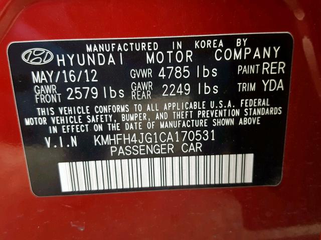 KMHFH4JG1CA170531 - 2012 HYUNDAI AZERA GLS RED photo 10