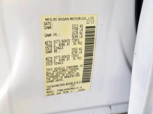 5N1BA0NC0EN606333 - 2014 NISSAN ARMADA SV WHITE photo 10