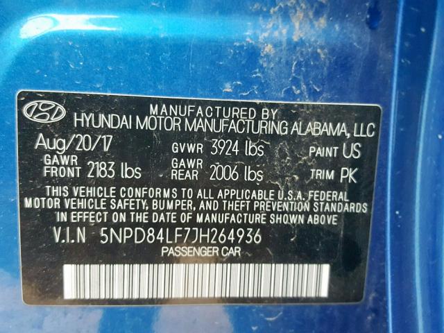 5NPD84LF7JH264936 - 2018 HYUNDAI ELANTRA SE BLUE photo 10