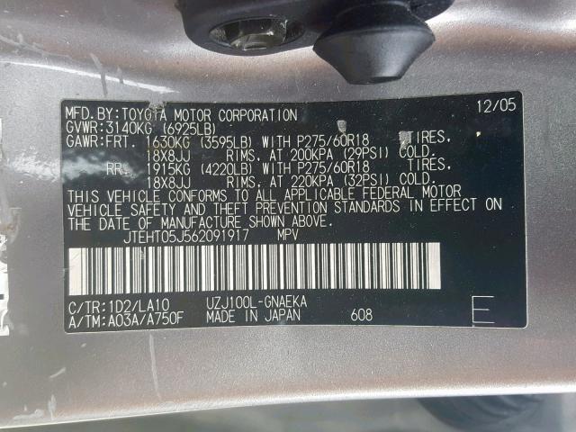 JTEHT05J562091917 - 2006 TOYOTA LAND CRUIS SILVER photo 10