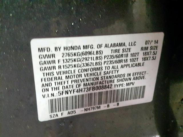 5FNYF4H73FB008842 - 2015 HONDA PILOT EXLN GRAY photo 10