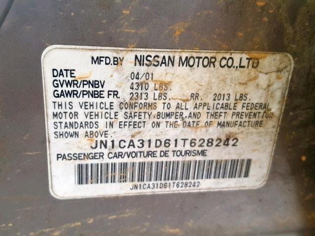 JN1CA31D61T628242 - 2001 NISSAN MAXIMA GXE GRAY photo 10