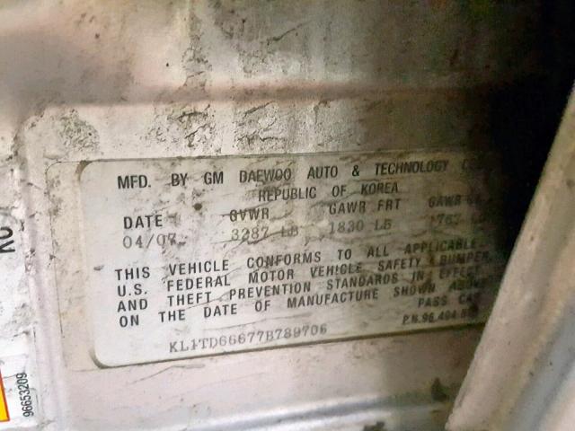 KL1TD66677B789706 - 2007 CHEVROLET AVEO BASE Күміс фото 10