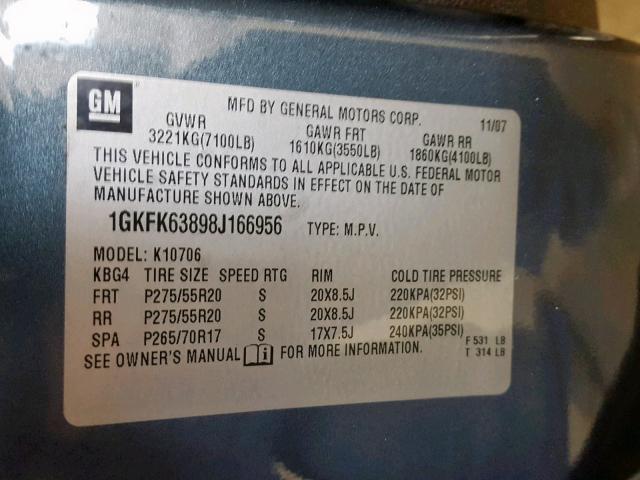 1GKFK63898J166956 - 2008 GMC YUKON DENA BLUE photo 10