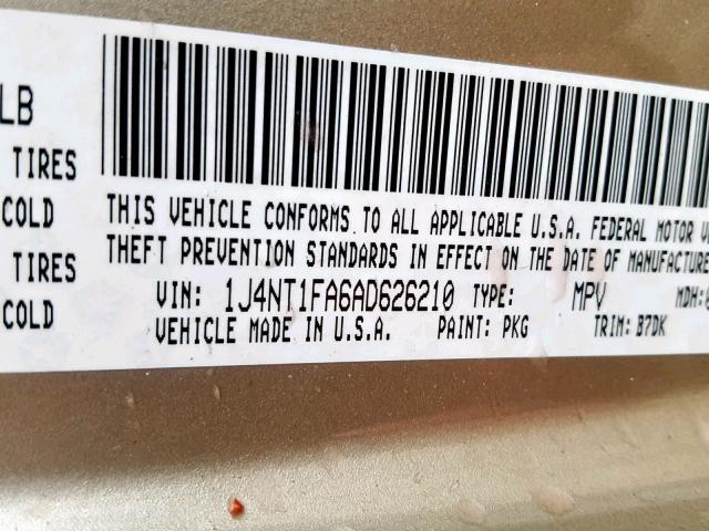 1J4NT1FA6AD626210 - 2010 JEEP COMPASS SP ოქროსფერი ფოტო 10