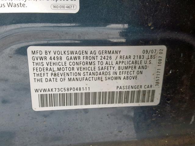 WVWAK73C58P048111 - 2008 VOLKSWAGEN PASSAT KOM BLUE photo 10