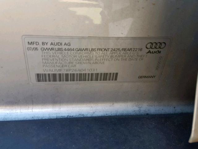 WAUMF78P26A041031 - 2006 AUDI A3 2.0 SPO SILVER photo 10