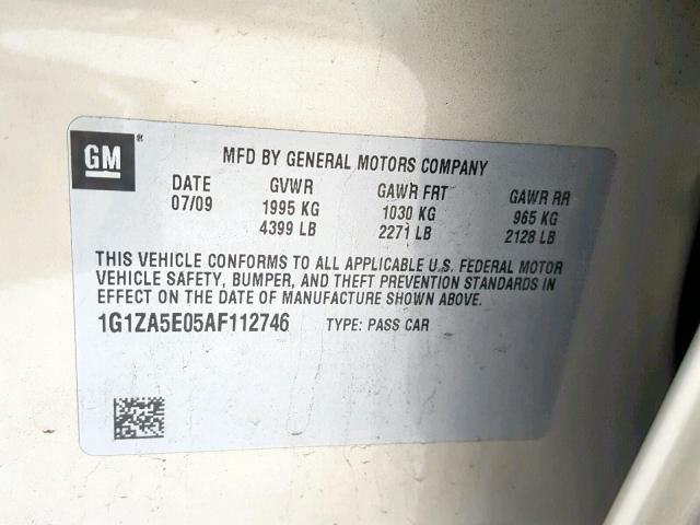 1G1ZA5E05AF112746 - 2010 CHEVROLET MALIBU LS GOLD photo 10