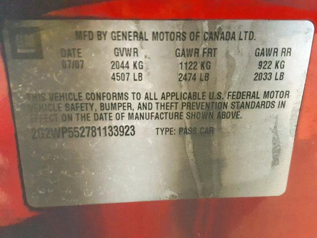 2G2WP552781133923 - 2008 PONTIAC GRAND PRIX RED photo 10