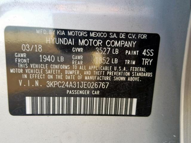 3KPC24A31JE026767 - 2018 HYUNDAI ACCENT SEL SILVER photo 10