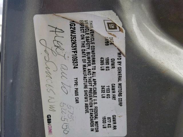 1G2WJ52K3YF109374 - 2000 PONTIAC GRAND PRIX GRAY photo 10