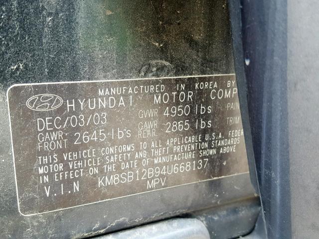 KM8SB12B94U668137 - 2004 HYUNDAI SANTA FE G BLACK photo 10