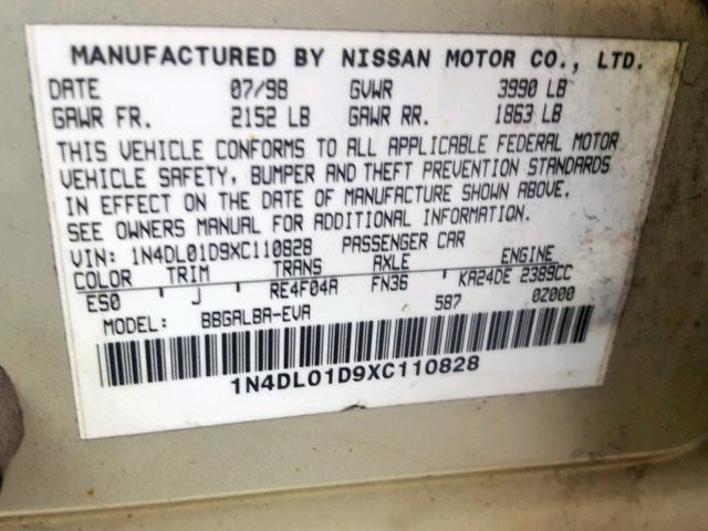 1N4DL01D9XC110828 - 1999 NISSAN ALTIMA XE BEIGE photo 10