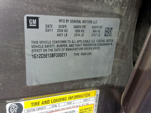 1G1ZC5E13BF309211 - 2011 CHEVROLET MALIBU 1LT ოქროსფერი ფოტო 10