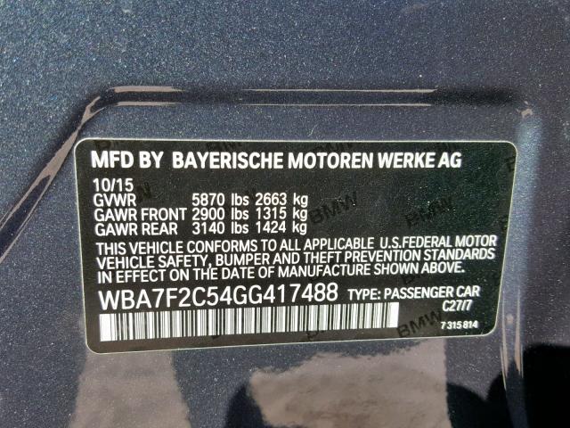 WBA7F2C54GG417488 - 2016 BMW 750 XI GRAY photo 10