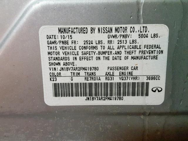 JN1BV7AR2FM419780 - 2015 INFINITI Q50 BASE SILVER photo 10