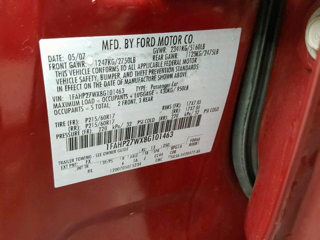 1FAHP27WX8G101463 - 2008 FORD TAURUS SEL RED photo 10