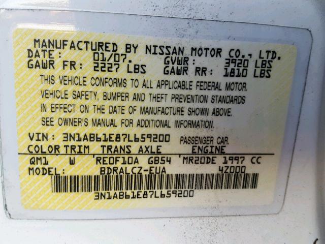 3N1AB61E87L659200 - 2007 NISSAN SENTRA 2.0 WHITE photo 10