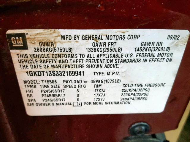 1GKDT13S332169941 - 2003 GMC ENVOY BURGUNDY photo 10