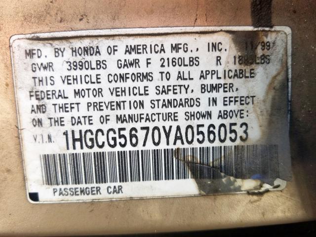 1HGCG5670YA056053 - 2000 HONDA ACCORD SE  photo 10