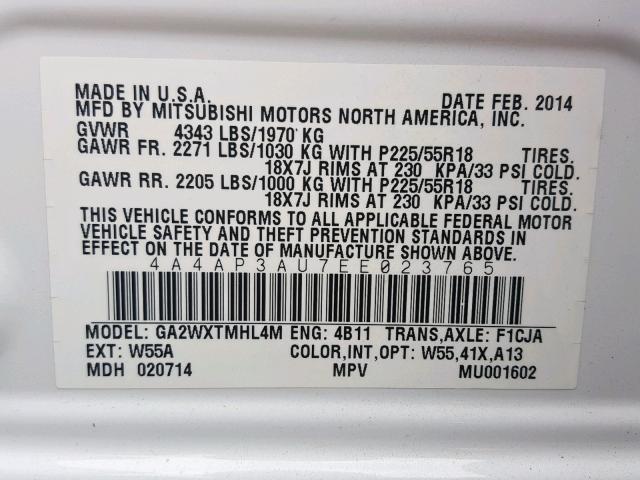 4A4AP3AU7EE023765 - 2014 MITSUBISHI OUTLANDER WHITE photo 10