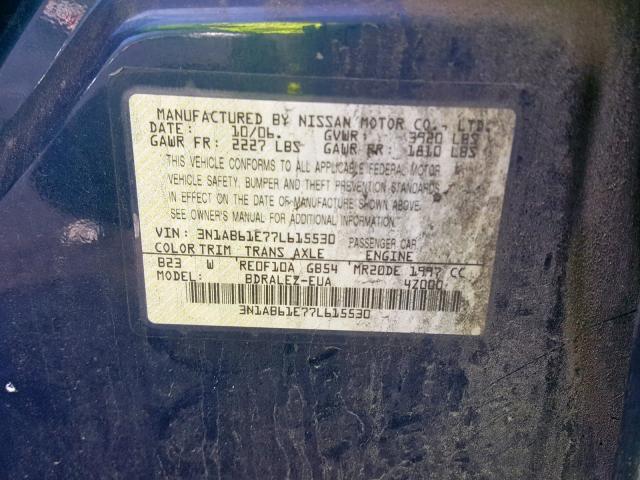 3N1AB61E77L615530 - 2007 NISSAN SENTRA 2.0 BLUE photo 10