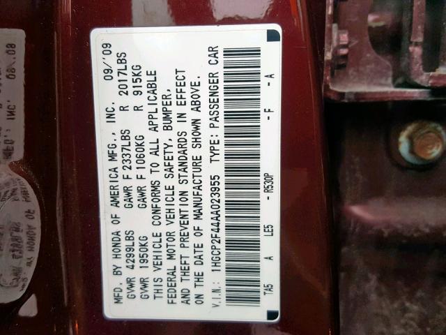 1HGCP2F44AA023955 - 2010 HONDA ACCORD LXP BURGUNDY photo 10