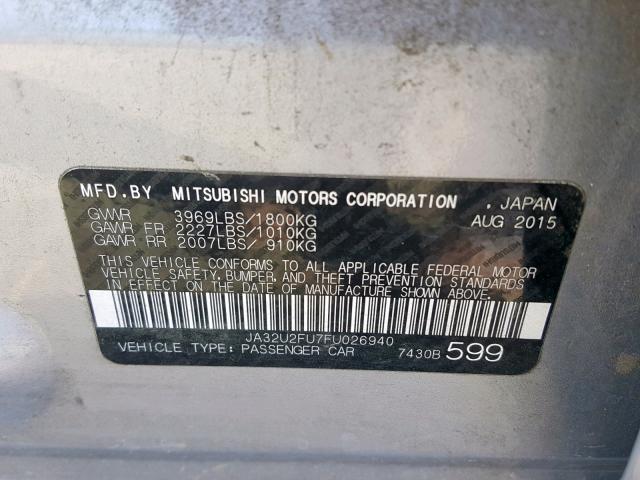 JA32U2FU7FU026940 - 2015 MITSUBISHI LANCER ES SILVER photo 10