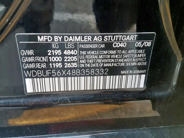 WDBUF56X48B358332 - 2008 MERCEDES-BENZ E 350 BLACK photo 10