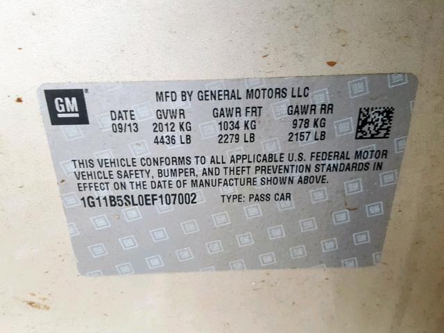 1G11B5SL0EF107002 - 2014 CHEVROLET MALIBU LS BEIGE photo 10