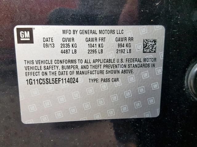 1G11C5SL5EF114024 - 2014 CHEVROLET MALIBU 1LT 黑色 照片 10