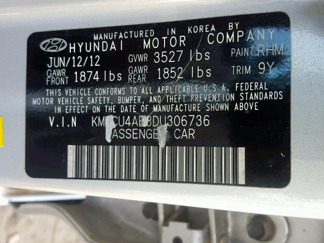 KMHCU4AE3DU306736 - 2013 HYUNDAI ACCENT GLS SILVER photo 10