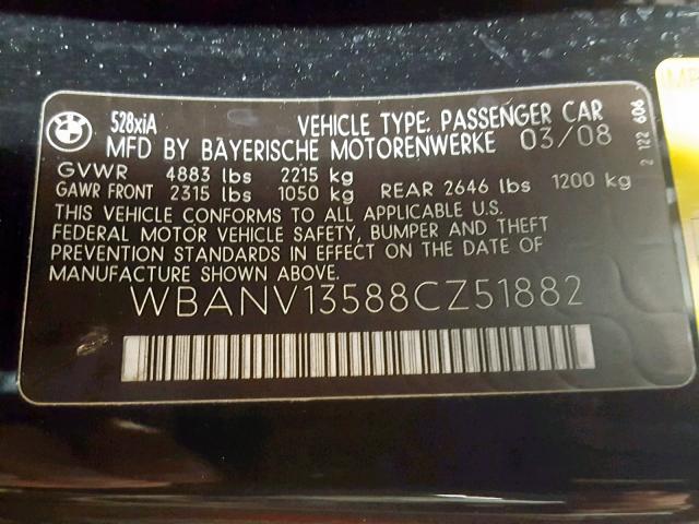 WBANV13588CZ51882 - 2008 BMW 528 XI BLACK photo 10